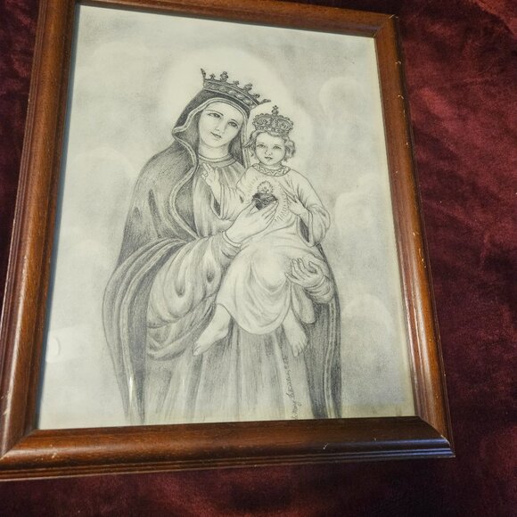beautiful, blessed mother and child picture in wooden frame approx 16x12